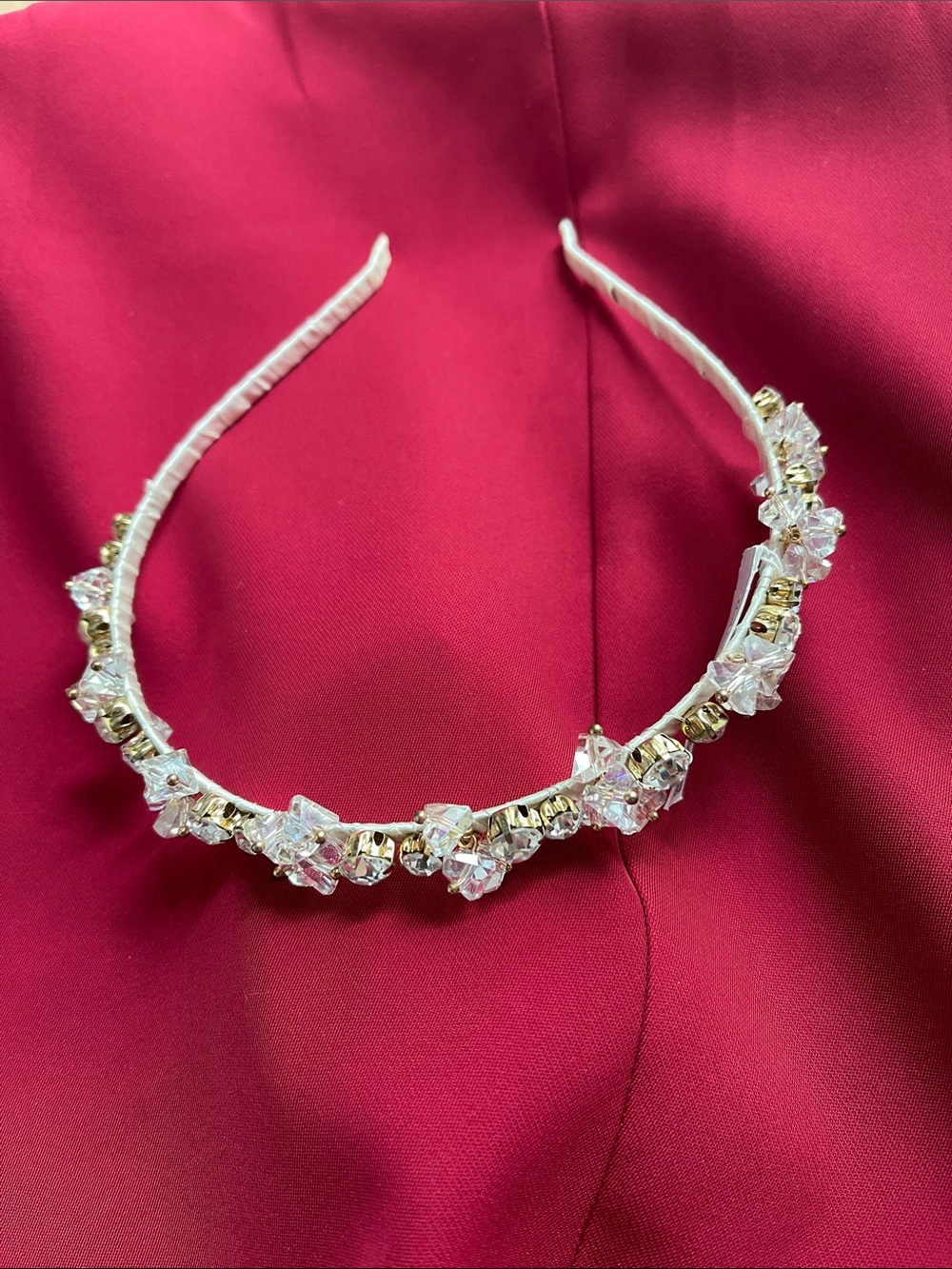White Headband with Gold Accents and Clear Crystal Clusters
